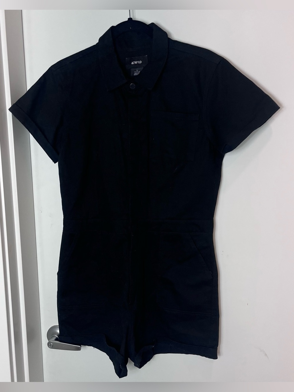 ATWYLD Black Denim Utility Romper Short-Sleeve Utility Romper Large Snap Button